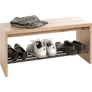 4001070374493 - Schuhbank HAKU für bis zu 3 Paar Schuhe Gesamttragkraft 85 kg B 800 x T 300 x H 400 mm Stahl Holz schwarz helles Eiche-Dekor
