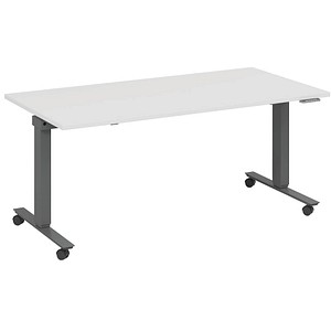 4260672334865 - fm Slimfit elektrisch höhenverstellbarer Schreibtisch weiß anthrazit metallic rechteckig T-Fuß-Gestell mit Rollen grau 1400 x 800 cm
