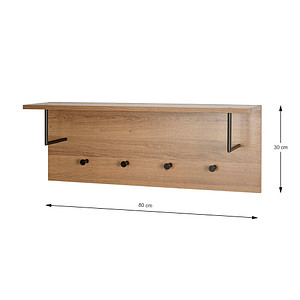 4001070371478 - Wandgarderobe HAKU 4 Haken mit jeweils 3 kg Tragkraft Kleiderstangen Hutablage B 800 x T 200 x H 300 mm Holz Metall dunkles Eiche-Dekor schwarz