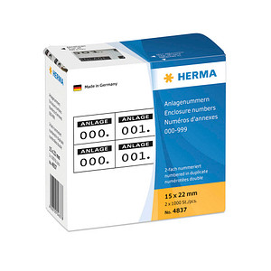 HERMA Klebenummern 4837 Zahlen, weiß/schwarz 15,0 x 22,0 mm, 2×1.000 Etiketten