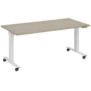 4260672335008 - fm Slimfit elektrisch höhenverstellbarer Schreibtisch eiche verkehrsweiß rechteckig T-Fuß-Gestell mit Rollen weiß 1800 x 700 cm