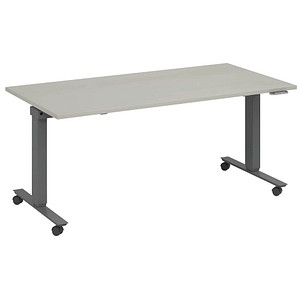 4260672334742 - fm Slimfit elektrisch höhenverstellbarer Schreibtisch lichtgrau anthrazit metallic rechteckig T-Fuß-Gestell mit Rollen grau 1600 x 800 cm