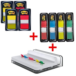 Aktionspack: 4x 50 Streifen Post-it® Index Standard + Mini Haftmarker-Set farbsortiert mit Spender