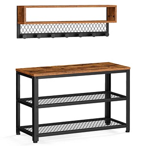 VASAGLE Garderobenbank mit Haken und Schuhrost LCR073K01 vintagebraun, schwarz Holz 73,0/75,1 cm