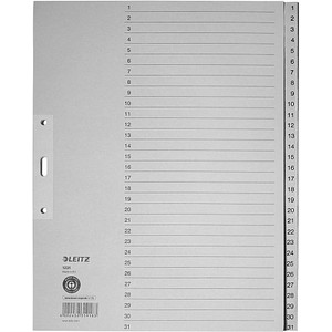 LEITZ Ordnerregister 1231 DIN A4 Vollformat, Überbreite 1-31 grau 31-teilig, 10 Satz
