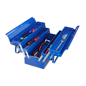 4052025250218 - Werkzeugkoffer leer 5 Fächer mit Tragegriff Metall abschließbar Werkzeugkasten hbt 21 x 53 x 20 cm blau - Relaxdays