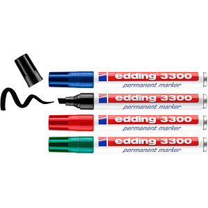 4057305072313 - edding 3300 Permanentmarker Breit Keilspitze 1 - 5 mm Farbig sortiert Nachfüllbar Wasserbeständig 4 Stück 4057305072313 - edding 3300 Permanentmarker Breit Keilspitze 1 - 5 mm Farbig sortiert Nachfüllbar Wasserbeständig 4 Stück