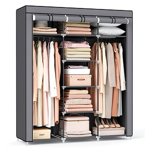 6955880344956 - Kleiderschrank Faltschrank Stoffschrank faltbare Garderobe mit 2 Kleiderstange 175 x 150 x 45 cm grau RYG12G - Grau