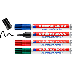 4057305072306 - edding 3000 Permanentmarker Mittel Rundspitze 15 - 3 mm Farbig sortiert Nachfüllbar Wasserbeständig 4 Stück 4057305072306 - edding 3000 Permanentmarker Mittel Rundspitze 15 - 3 mm Farbig sortiert Nachfüllbar Wasserbeständig 4 Stück