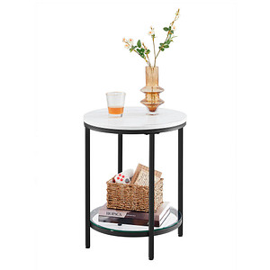 0194343047478 - Vasagle Beistelltisch Nachttisch mit 2 Ebenen Holzspanplatte Hartglas modern weiße Marmoroptik schwarzes Gestell von Songmics Weiße Marmoroptik