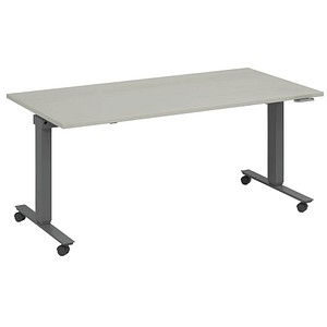 4260672335145 - fm Slimfit elektrisch höhenverstellbarer Schreibtisch lichtgrau anthrazit metallic rechteckig T-Fuß-Gestell mit Rollen grau 1400 x 700 cm