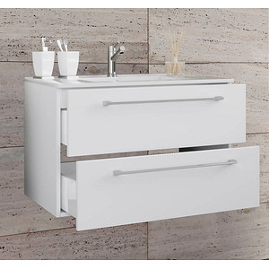 4051814380907 - 2-tlg Waschplatz Waschtisch Waschbecken Unterschrank Breite 80 cm Badmöbel Set hängend mit zwei Schubladen Badinos