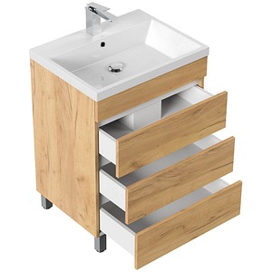 4251982673898 - Stand Badmöbel Fellini 60 SoftClose eiche gold mit drei grifflosen Schubladen