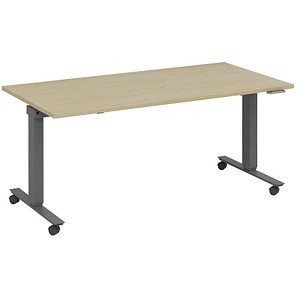 4260672335077 - fm Slimfit elektrisch höhenverstellbarer Schreibtisch akazie anthrazit metallic rechteckig T-Fuß-Gestell mit Rollen grau 1600 x 700 cm