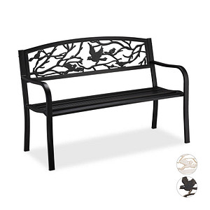 4052025909017 - Gartenbank Vögel Muster 2-Sitzer Vintage Garten & Balkon Stahl Sitzbank hbt 87x127x57 cm schwarz - Relaxdays