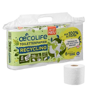 oecolife Toilettenpapier 3-lagig Recyclingpapier, 8 Rollen