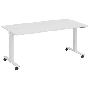 4260672335213 - fm Slimfit elektrisch höhenverstellbarer Schreibtisch weiß verkehrsweiß rechteckig T-Fuß-Gestell mit Rollen weiß 1400 x 700 cm