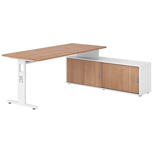 4032062331910 - OSE19SB höhenverstellbarer Schreibtisch nussbaum rechteckig T-Fuß-Gestell weiß 1800 x 800 cm