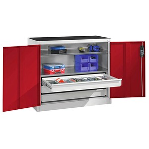 4064615138998 - Werkstatt-Beistellschrank mit Flügeltüren und Schubladen HxBxT 1000 x 930 x 500 mm lichtgrau   rubinrot C+P