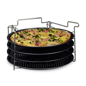 4052025204952 - Relaxdays - Pizzablech im 4er Set hbt 20 x 32 x 32 cm Pizzabäcker-Set mit 4 Backblechen und Ständer als Pizza-Backblech und Flammkuchen Blech rundes