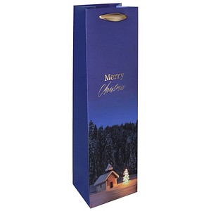 4004360768996 - Flaschentasche Christmas Chapel Weihnachts-Motiv Bodeneinlage Seidenbandgriffe B 100 x T 80 x H 350 mm Weißkarton Kunststoff blau 1 Stück