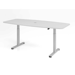HAMMERBACHER Konferenztisch XMST22 lichtgrau Tonnenform, T-Fuß-Gestell silber, 220,0 x 83,0/103,0 x 71,0 – 120,0 cm