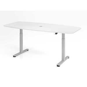 HAMMERBACHER Konferenztisch XMST22 Tonnenform T-Fuß-Gestell 220cm Höhe 71-120cm Weiß Silber