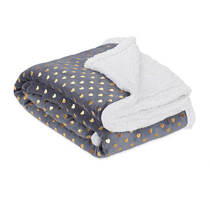 4052025914134 - Relaxdays - Kuscheldecke goldene Herzen flauschige Decke mit Lammfelloptik zweiseitige Couchdecke 150x200cm grau weiß