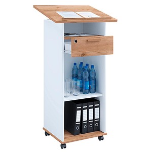 4051814430923 - Holz mobiles Rednerpult Maße ca H 108 bis 120 cm x B 60 cm x T 50 cm Stehpult mit Rollen rollbar mit Schublade Stehtisch - Melta