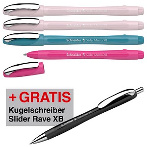 4004675186812 - AKTION Kugelschreiber Slider Memo farbsortiert Schreibfarbe blau 4 St + GRATIS Kugelschreiber Slider Rave XB black