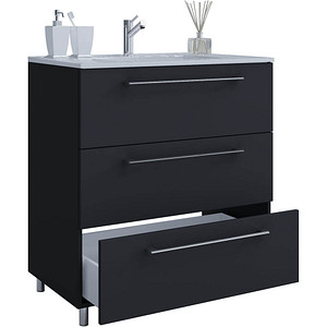 4051814380976 - 2-tlg Waschplatz Waschtisch Waschbecken Unterschrank Breite 80 cm Badmöbel Set stehend 3 Schubladen Badinos