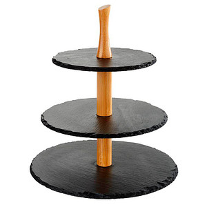 4004133009608 - Etagere 3-stufige Etagere braun H34cm Akazienholz Schiefer Servierplatten mit Holzständer 3-stöckig