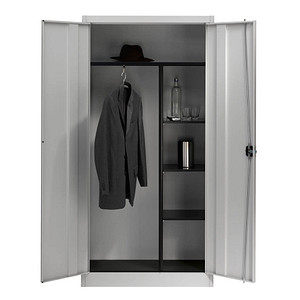 4250633301470 - mauser Stahlschrank mit Flügeltüren 3 Fachböden kurz und Garderobe lichtgrau