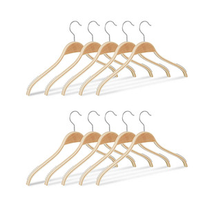 4052025942069 - Relaxdays - Kleiderbügel Holz 10er Set rutschfeste Lamellen natürliche Optik 360° drehbarer Haken stabil 40 cm natur