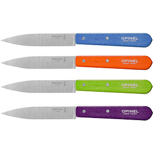 4 OPINEL Kochmesser silber, blau, silber, grün, silber, orange, silber, violett glatt, Klinge: 9,6 cm