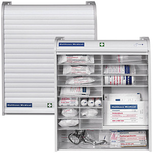 4005058661575 - Holthaus Medical Verbandschrank Rollmed weiß Verbandschrank mit Rollo Kindersicherung und 14 transparenten Schubladen 1 Schrank mit Inhalt angelehnt an DIN 13157