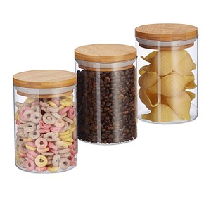 4052025279943 - Vorratsdosen Glas 3er Set für Pasta Reis Müsli Kaffeebohnen Volumen 600 ml HxD 14x95 cm Bambus natur - Relaxdays
