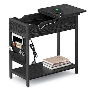 0194343047751 - Vasagle Beistelltisch Nachttisch mit Steckdose schmal mit USB-Anschlüssen Tasche für Wohnzimmer Schlafzimmer schwarz mit Holzmaserung von 0194343047751 - Vasagle Beistelltisch Nachttisch mit Steckdose schmal mit USB-Anschlüssen Tasche für Wohnzimmer Schlafzimmer schwarz mit Holzmaserung von
