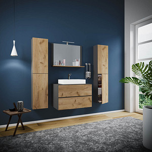 4051814385957 - 5-tlg Waschplatz Waschtisch Waschbecken Unterschrank Breite 80 cm Badmöbel Set mit Schubladen Drehtüren Spiegel Lendas XL 4051814385957 - 5-tlg Waschplatz Waschtisch Waschbecken Unterschrank Breite 80 cm Badmöbel Set mit Schubladen Drehtüren Spiegel Lendas XL