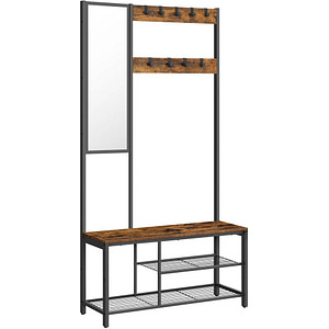 0194343015316 - Vasagle Garderobenständer mit Spiegel Haken Kleiderständer Schuhregal mit Sitzfläche 185 cm hoch einfache Montage vintagebraun-schwarz HSR050B01