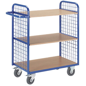 4250448502086 - Rollcart Etagenwagen mit 2 Gitterwänden 1070mm hoch und 3 Ladeflächen 800x500mm im Buchendekor ohne Rand