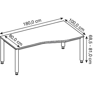4032062139455 - Schreibtisch VHS18 N S manuell höhenverstellbar 68-81cm (H) 180x100cm (BxT) Freiform nussbaum   silber 4032062139455 Hammer
