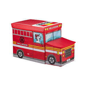 4052025935689 - Sitzbox Kinder Staubox mit Deckel Spielzeug faltbar Feuerwehrauto Stauraum Jungen & Mädchen 50 l rot - Relaxdays
