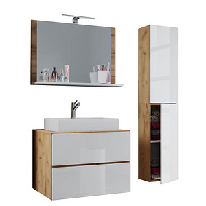 4051814385841 - 4-tlg Waschplatz Waschtisch Waschbecken Unterschrank Breite 80 cm Badmöbel Set mit Schubladen Drehtüren Spiegel Lendas L