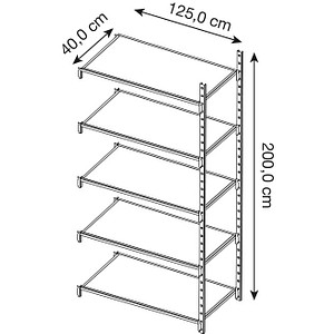3612970786463 - Universal-Steckregal Anbaufeld 5 Stahlblechböden Traglast 125 kg B 1250 x H 2000 x T 400 mm